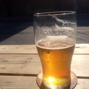 Half a glass of beer sits on table in sun