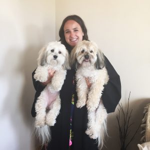 Jessica Hull with her two dogs. New hire with AA Munro Insurance Lower Sackville location