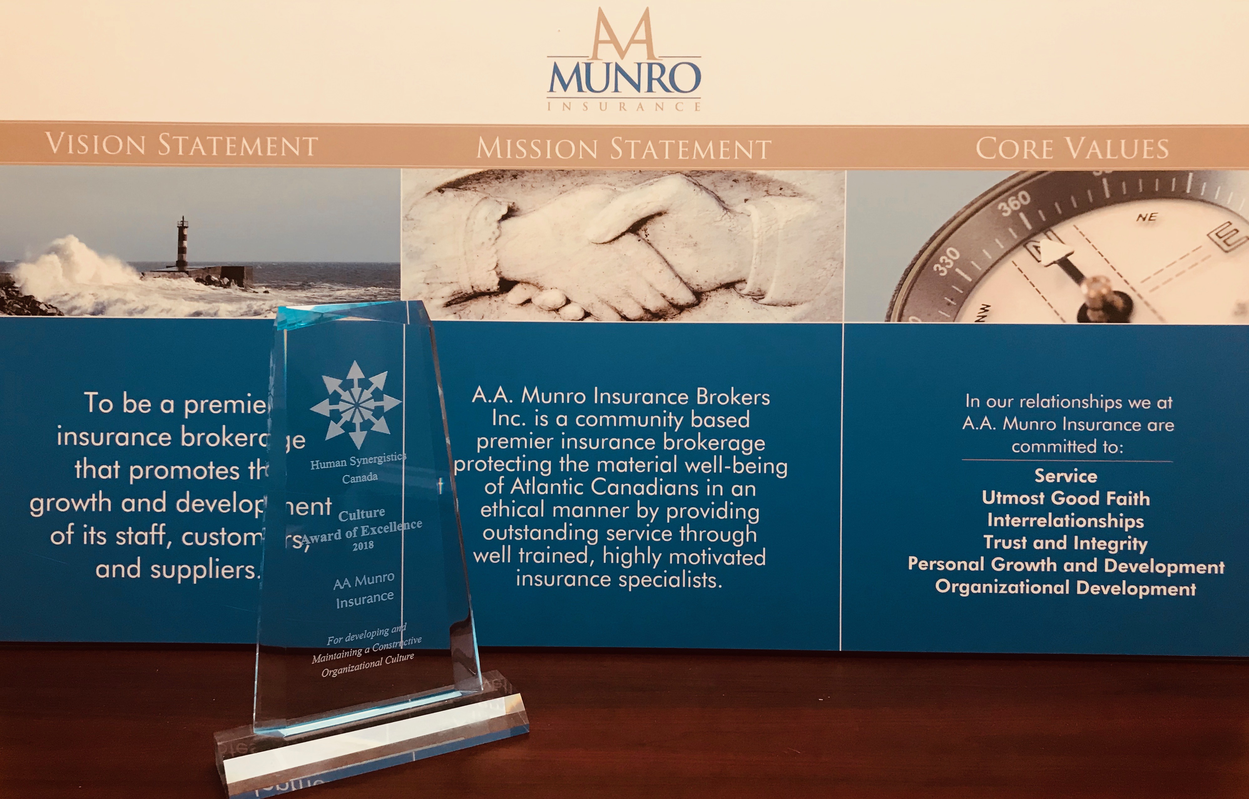 Vision, Mission and Core Values of AA Munro Insurance with Culture Award