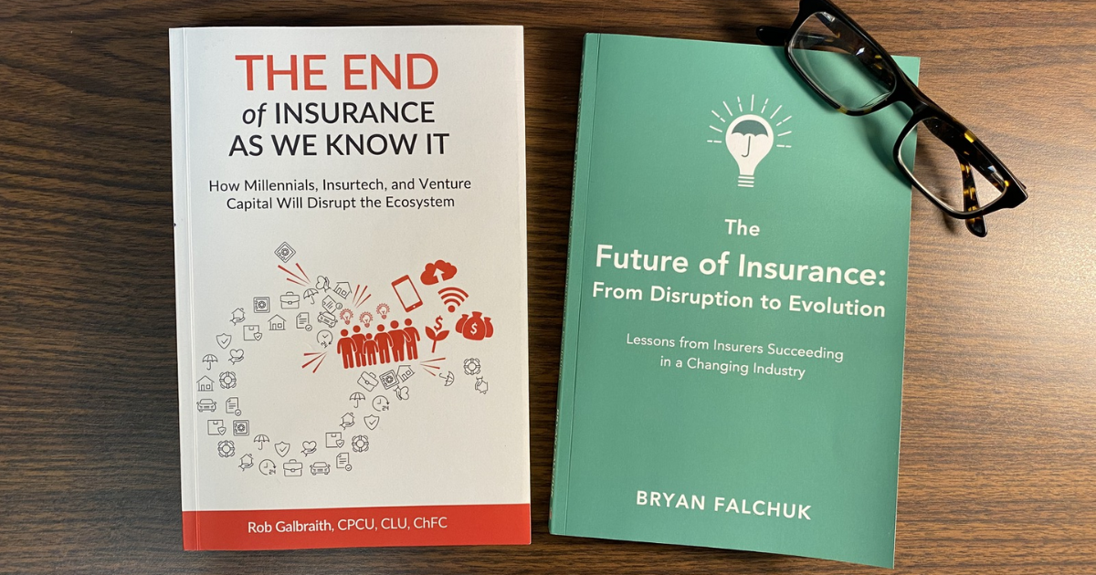 "The End of Insurance as We Know It" book cover and "The Future of Insurance" book cover with glasses on a table